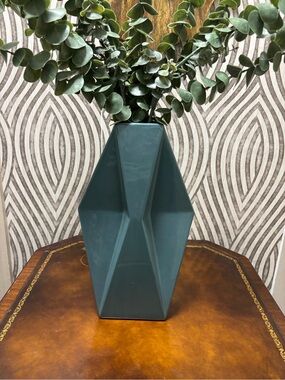 Beautiful teal ceramic geometric vase